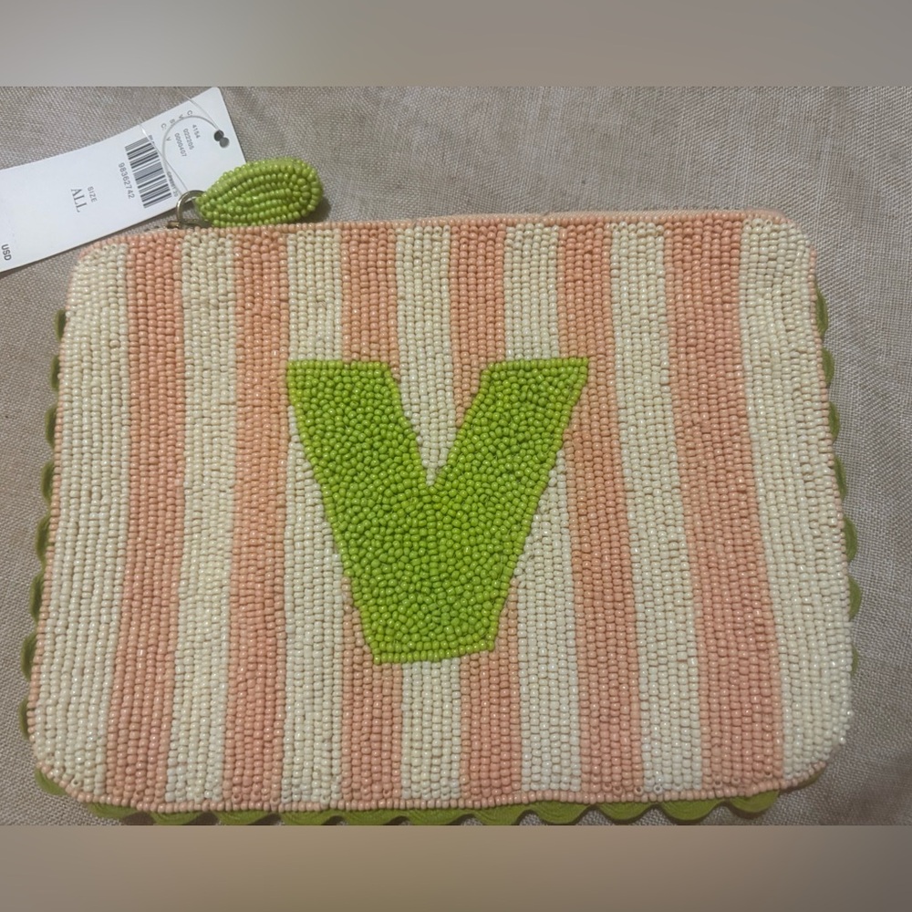 NWT Anthropologie 2025 Beaded Striped Monogram Pouch Letter “V”